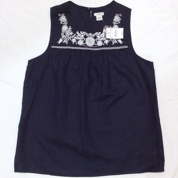 J. Crew Sleeveless Navy Top Linen Embroidered Shirt Peasant Top Sz 0 New - Picture 2 of 4